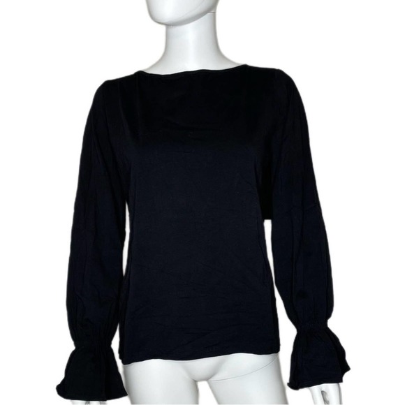 Mustard Seed Tops - Mustard Seed Women's Black Long Bell Cuff Sleeve Hi-Low Cropped Tie Back Blouse